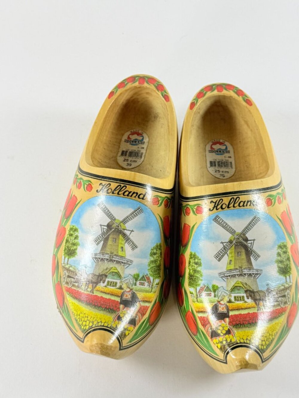 Vintage Holland Wooden Clogs Shoes Size 36 23cm Windmill Tulip Design Souvenir